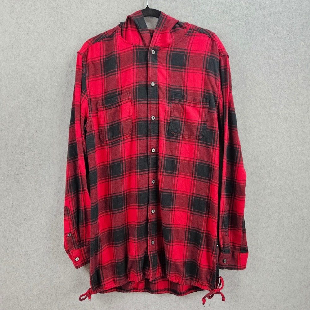 EDGAR & ASH | Red Black Plaid Hooded Flannel Shirt Womens Medium Drawstring Hem